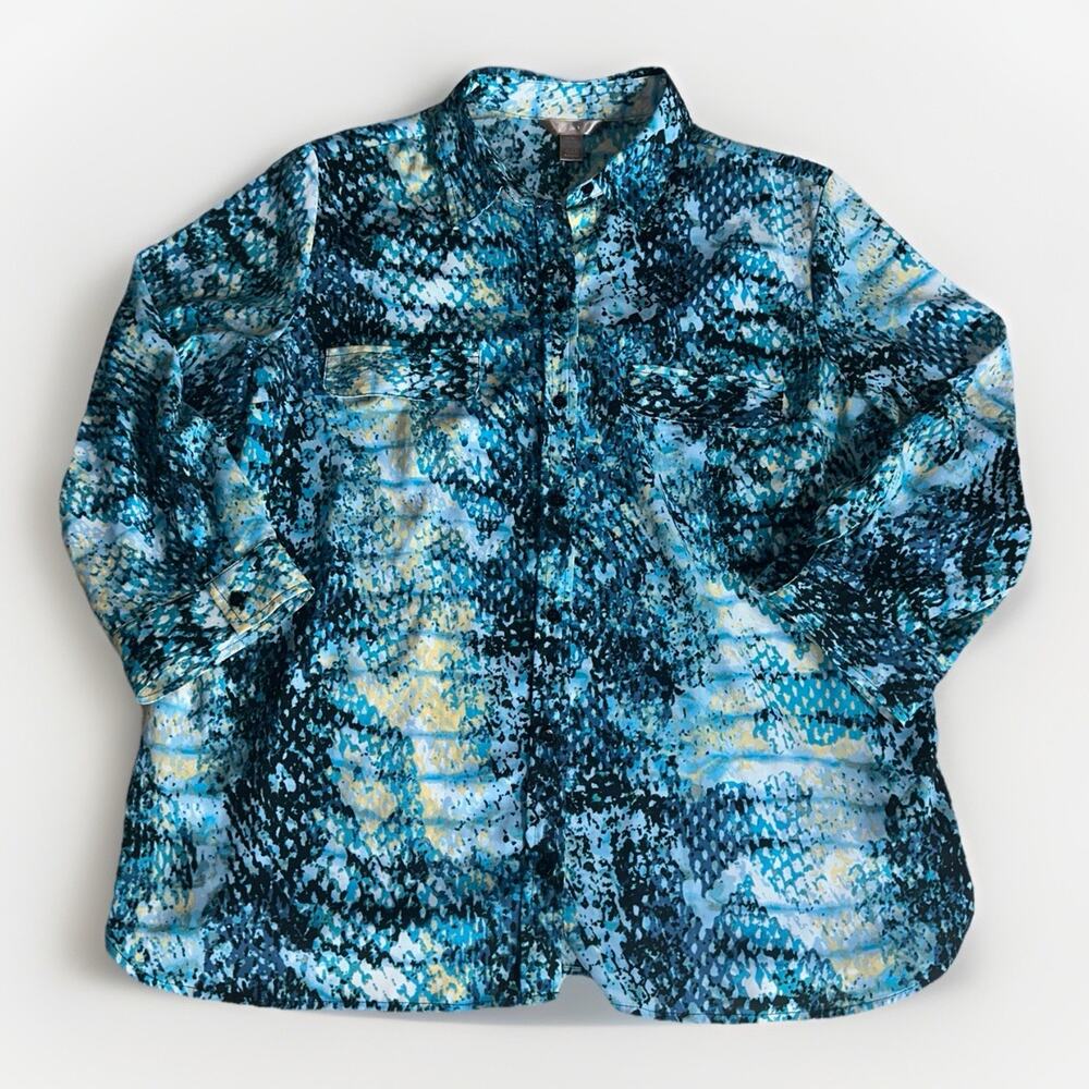 White Stag Button Up Blouse XL — Teal/Black/Yellow Snakeskin-Style Print